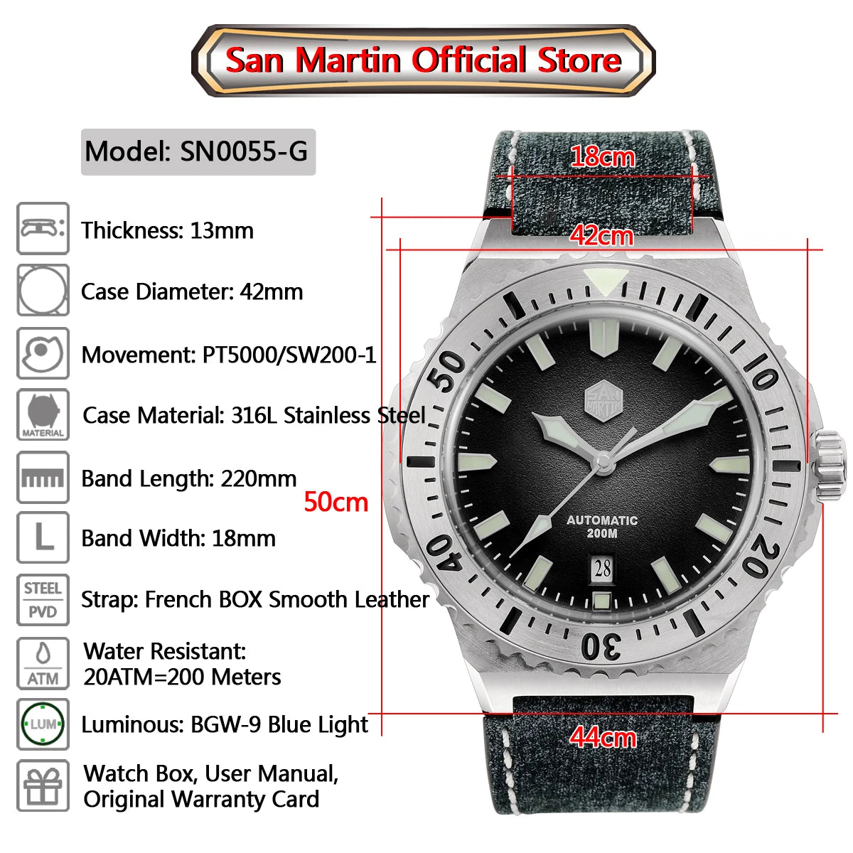 San Martin 42mm Men Luxury Watch High Quality Vintage Diver Automatic Mechanical Business Wristwatch Sapphire Leather 20 Bar