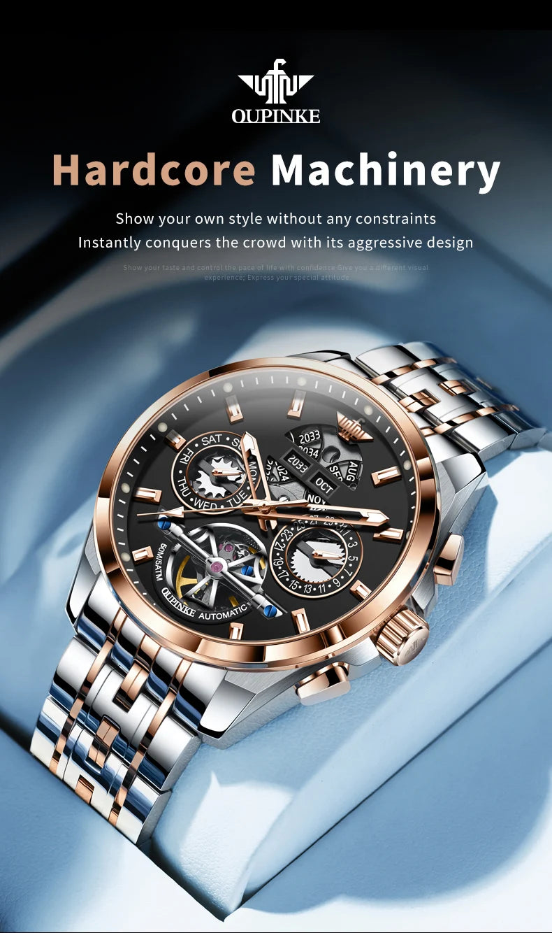 OUPINKE 3251 Original Hollowed Full Automatic Man Watch Stainless Steel Waterproof Anti-Scratch Luxury Men Mechanical Wristclock