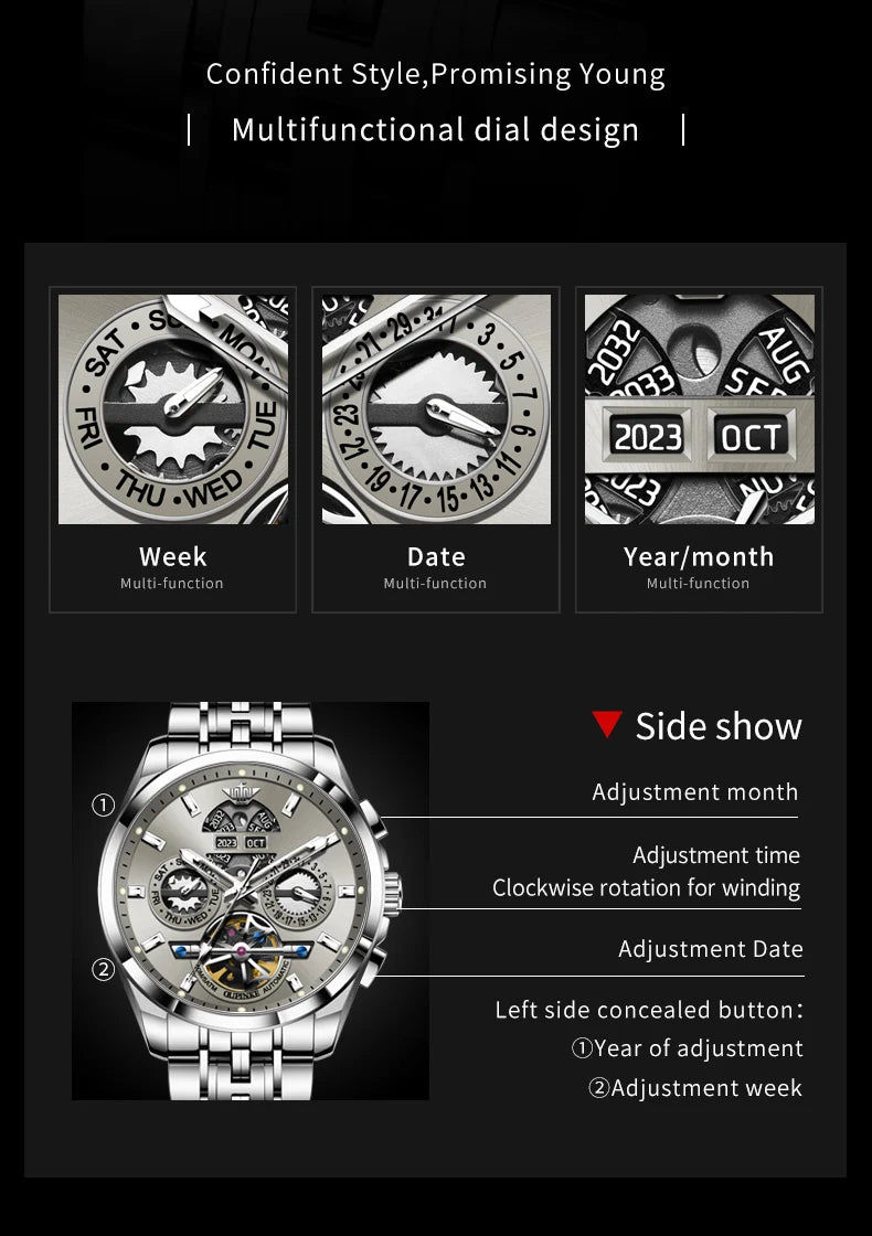 OUPINKE 3251 Original Hollowed Full Automatic Man Watch Stainless Steel Waterproof Anti-Scratch Luxury Men Mechanical Wristclock