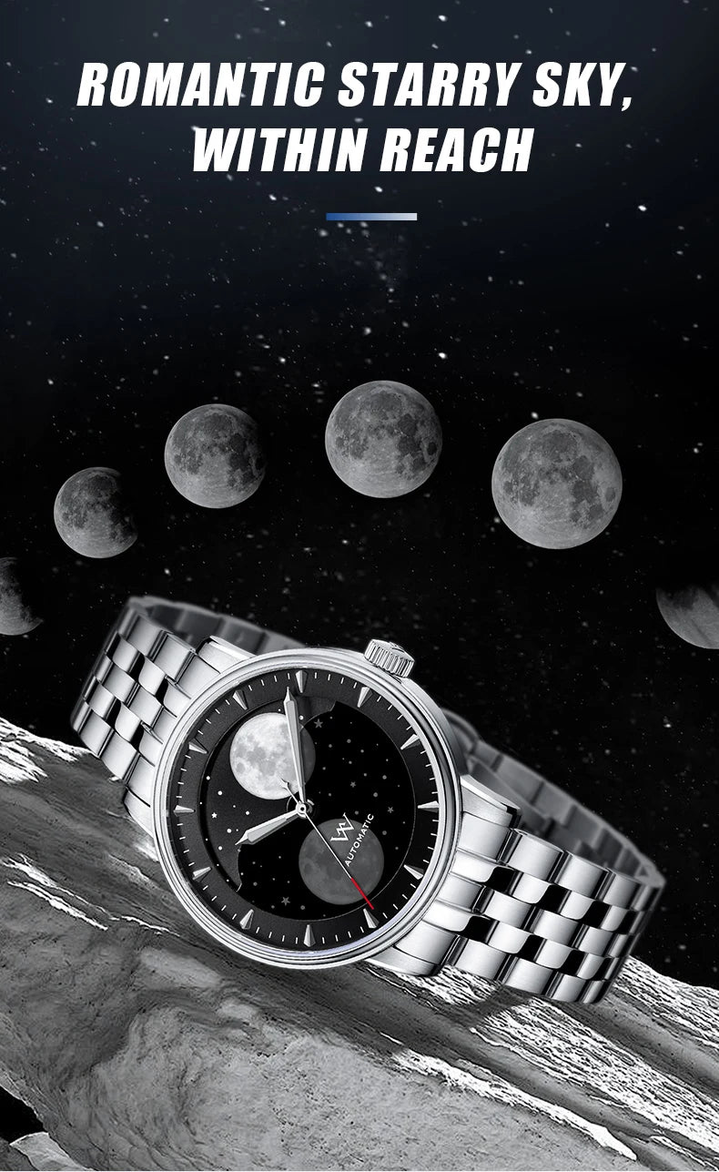 WM Watch Automatic Mechanical Watches Men Lunar Moon Phase Sapphire Waterproof Man Luminous Twin Moons Welly Merck Watch WM142