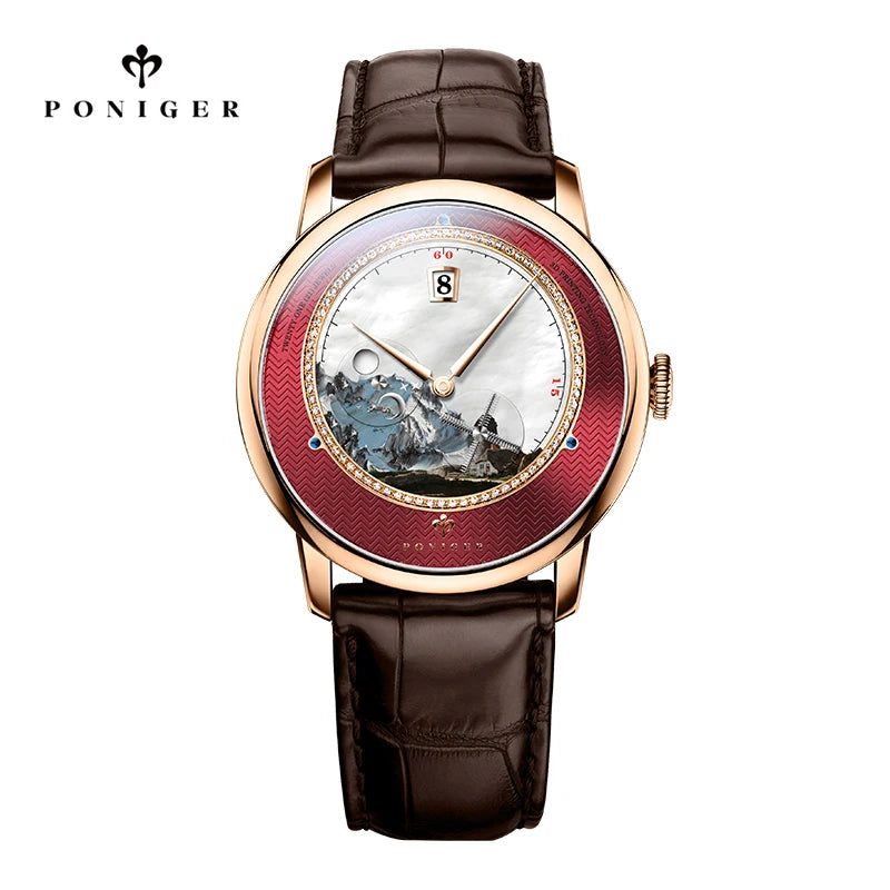 Poniger Men's Automatic Mechanical Watch - Luxury Waterproof Leather Strap Fashion Dress Wristwatch for Males