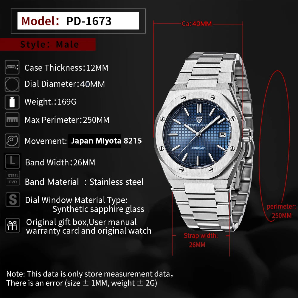 Pagani Design 8215 Fashion Men's Automatic Mechanical Watch 40MM Sapphire Stainless Steel Waterproof 10Bar Night Light C3 reloj