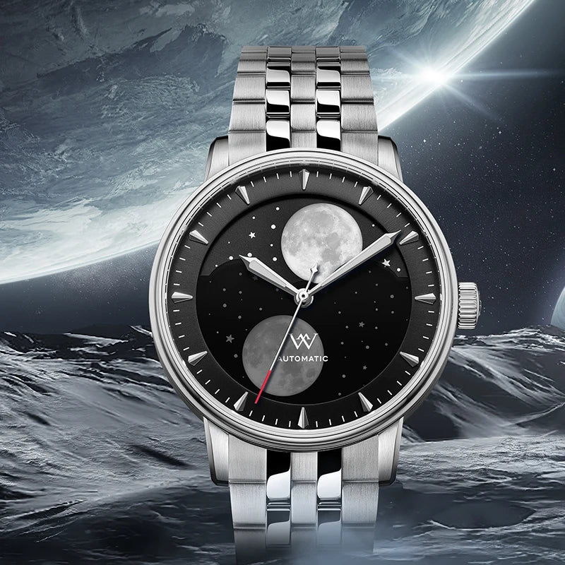 WM Watch Automatic Mechanical Watches Men Lunar Moon Phase Sapphire Waterproof Man Luminous Twin Moons Welly Merck Watch WM142