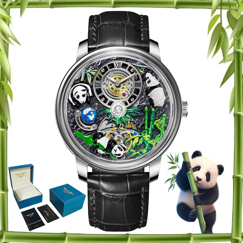 PINDU Design Panda Elements New Watch Mechanical Watch Crystal Blue Planet Theme Three-Dimensional Dial Watches Men Montre Homme