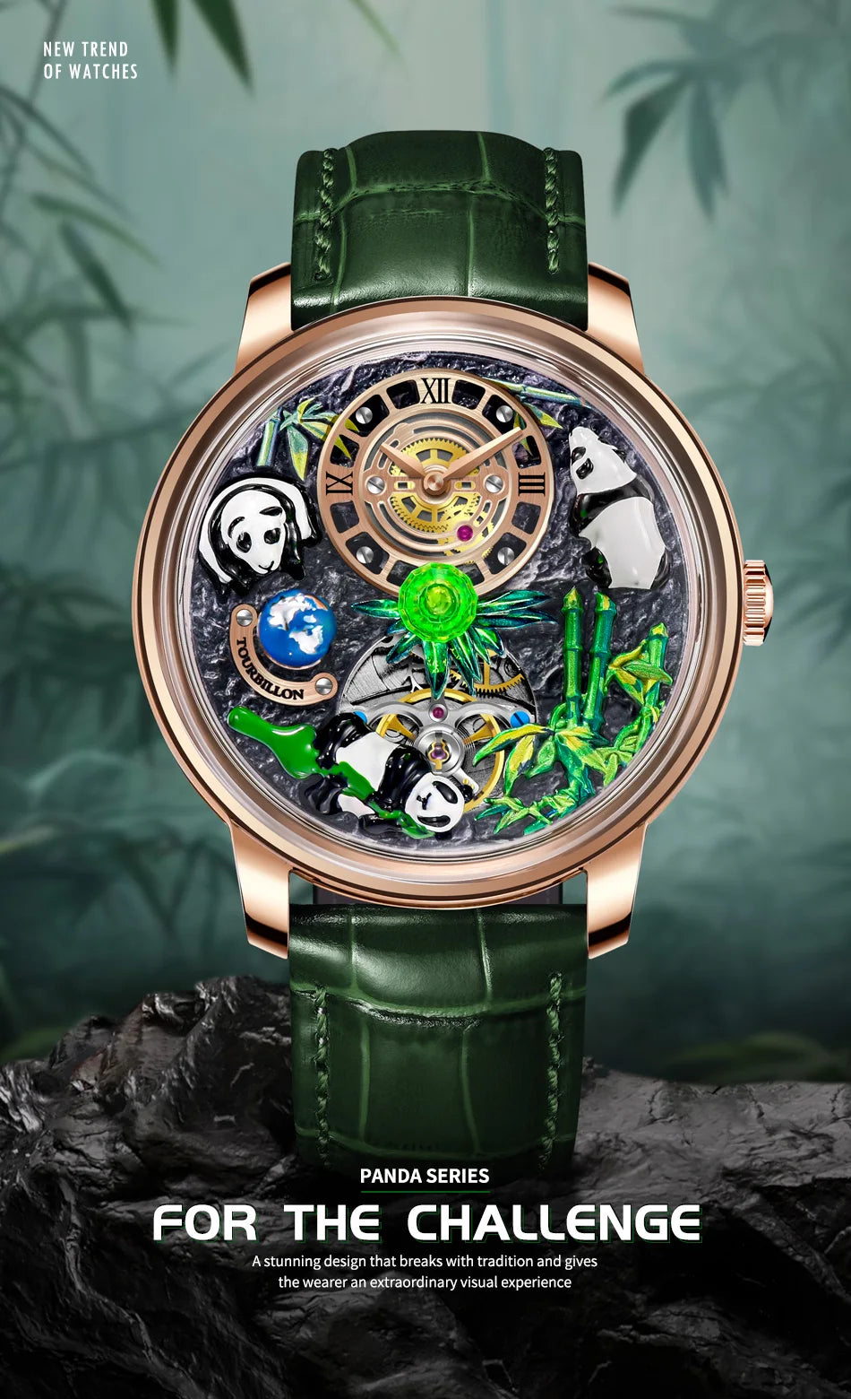 PINDU Design Panda Elements New Watch Mechanical Watch Crystal Blue Planet Theme Three-Dimensional Dial Watches Men Montre Homme