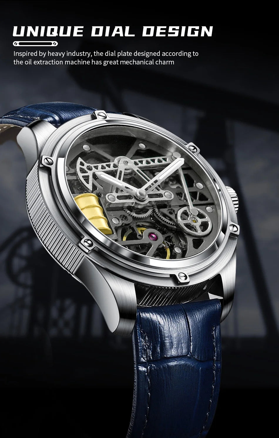 PINDU Design New Oil Well Mechanical Watch Men Miyata 8215 Movement Sapphire Mirror Waterproof Business Mechanical Wristwatches