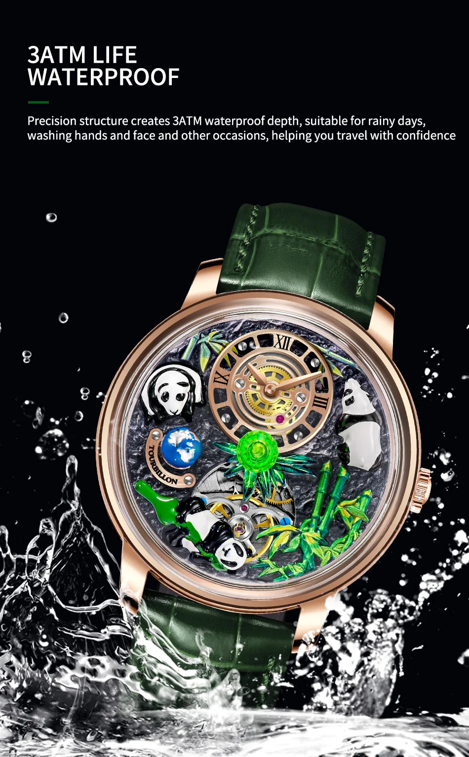 PINDU Design Panda Elements New Watch Mechanical Watch Crystal Blue Planet Theme Three-Dimensional Dial Watches Men Montre Homme