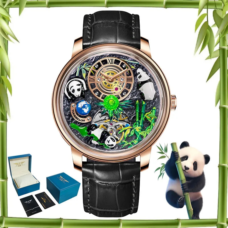 PINDU Design Panda Elements New Watch Mechanical Watch Crystal Blue Planet Theme Three-Dimensional Dial Watches Men Montre Homme