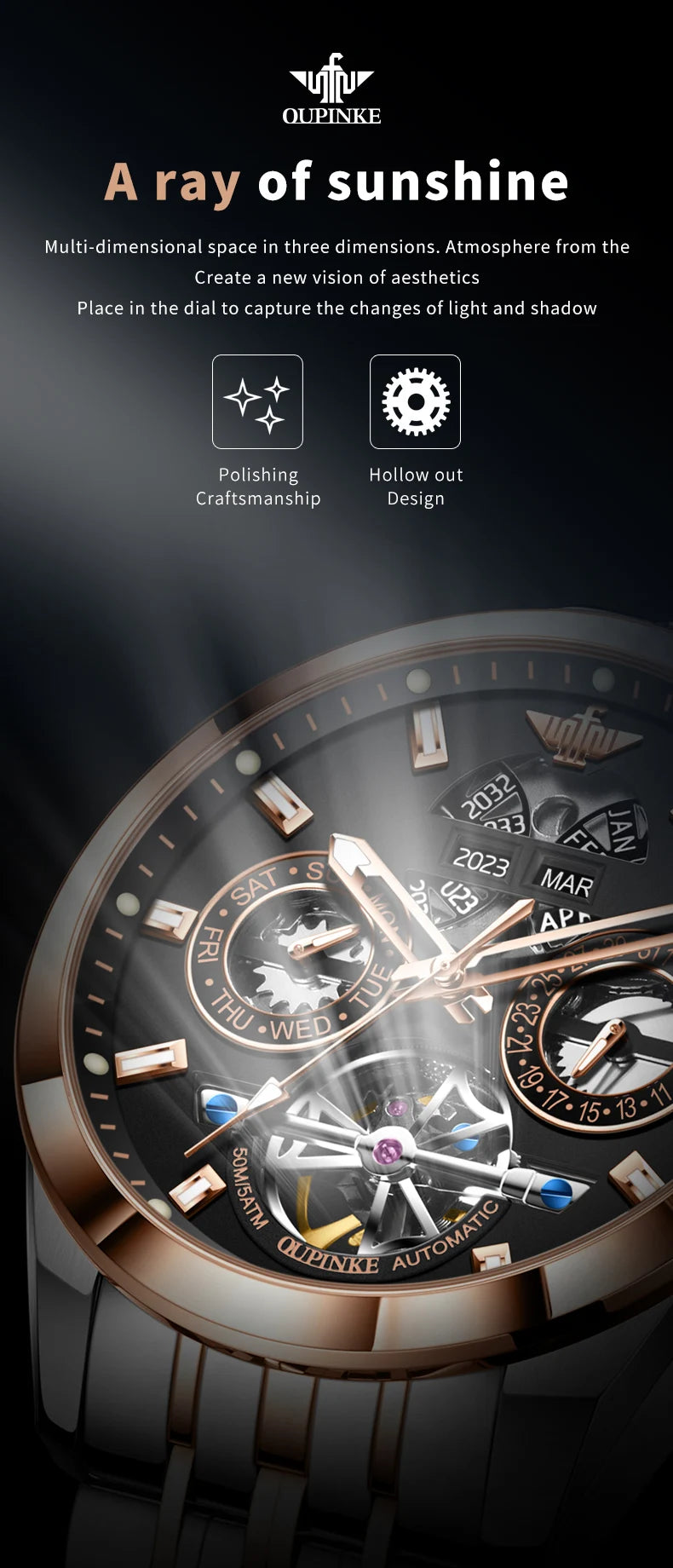 OUPINKE 3251 Original Hollowed Full Automatic Man Watch Stainless Steel Waterproof Anti-Scratch Luxury Men Mechanical Wristclock