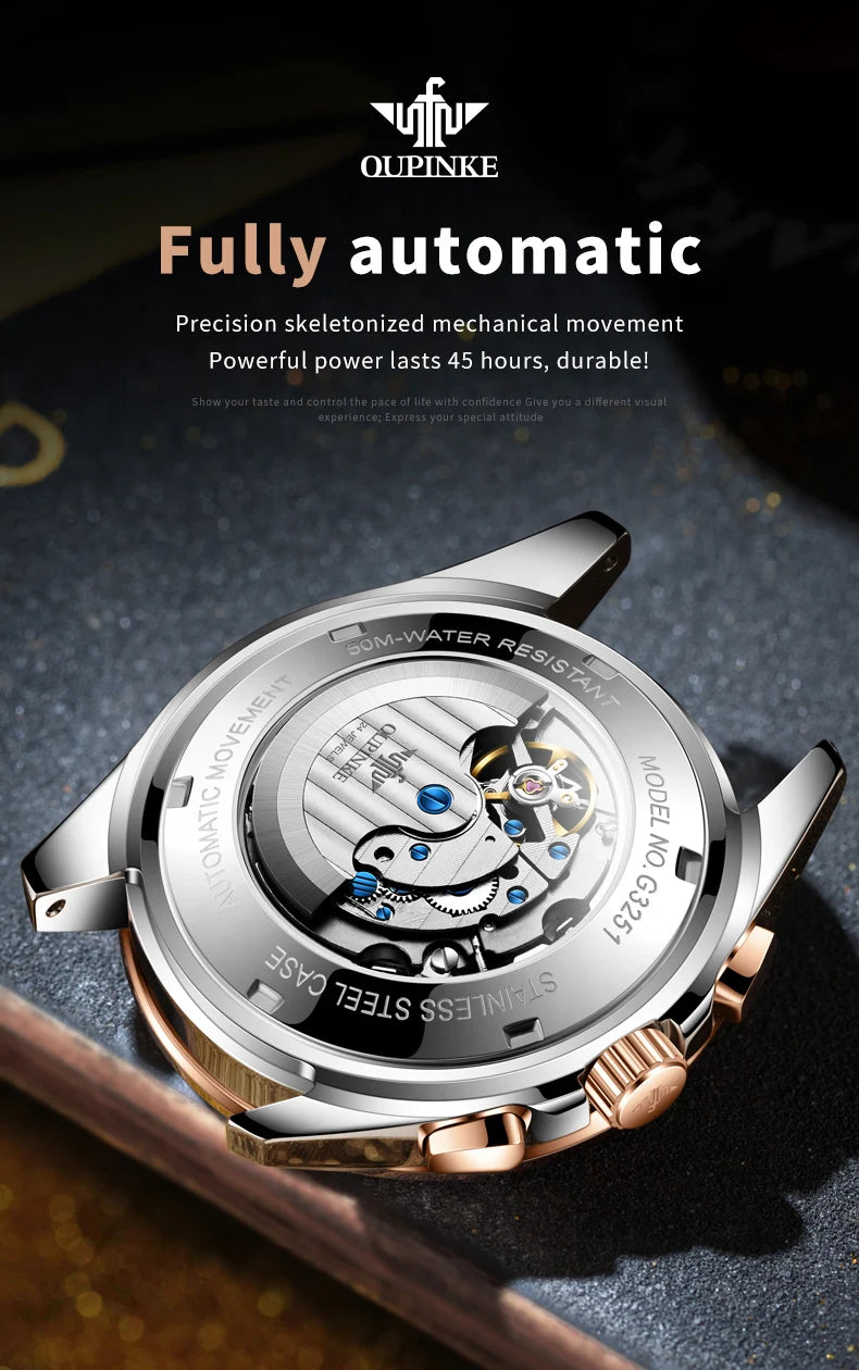 OUPINKE 3251 Original Hollowed Full Automatic Man Watch Stainless Steel Waterproof Anti-Scratch Luxury Men Mechanical Wristclock