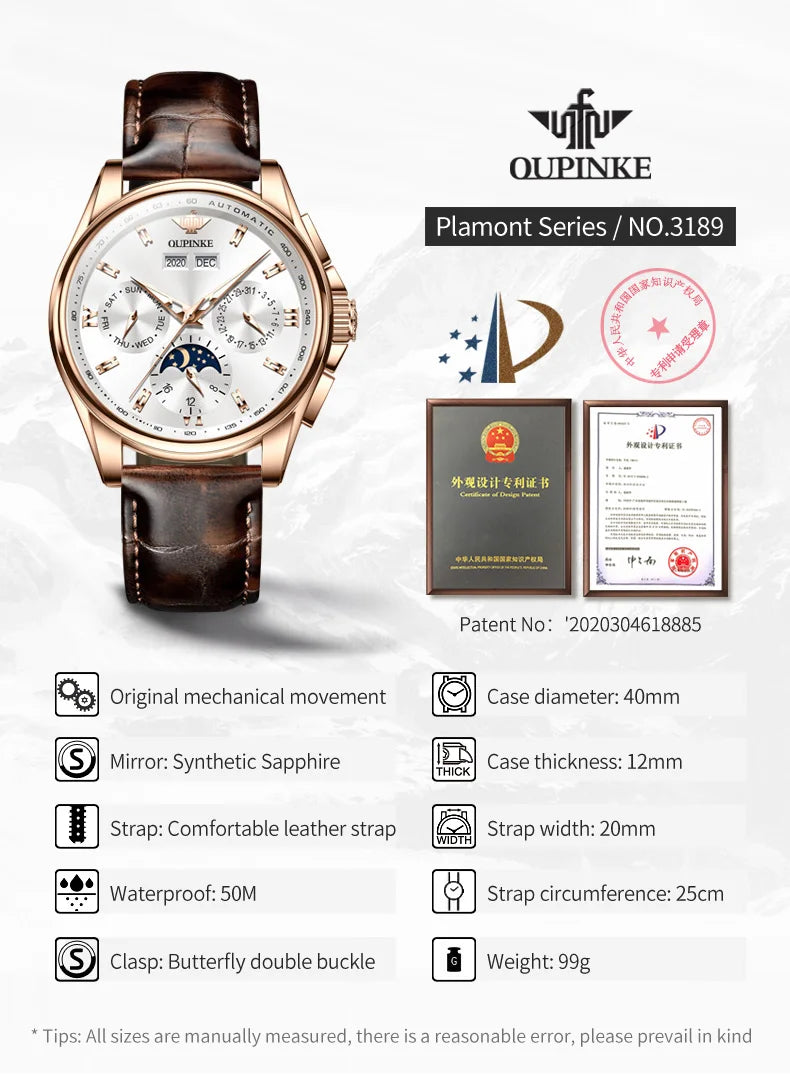 OUPINKE 3189 Mens Watch Original Brand Automatic Mechanical Watch Waterproof Luminous Watches Luxury Men Multifunctional Watches