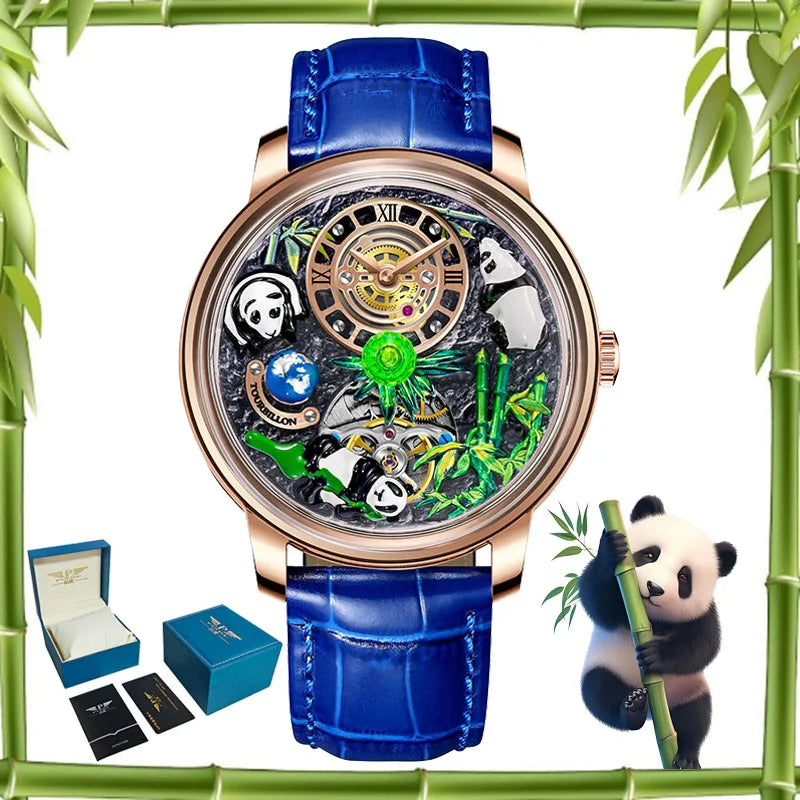 PINDU Design Panda Elements New Watch Mechanical Watch Crystal Blue Planet Theme Three-Dimensional Dial Watches Men Montre Homme