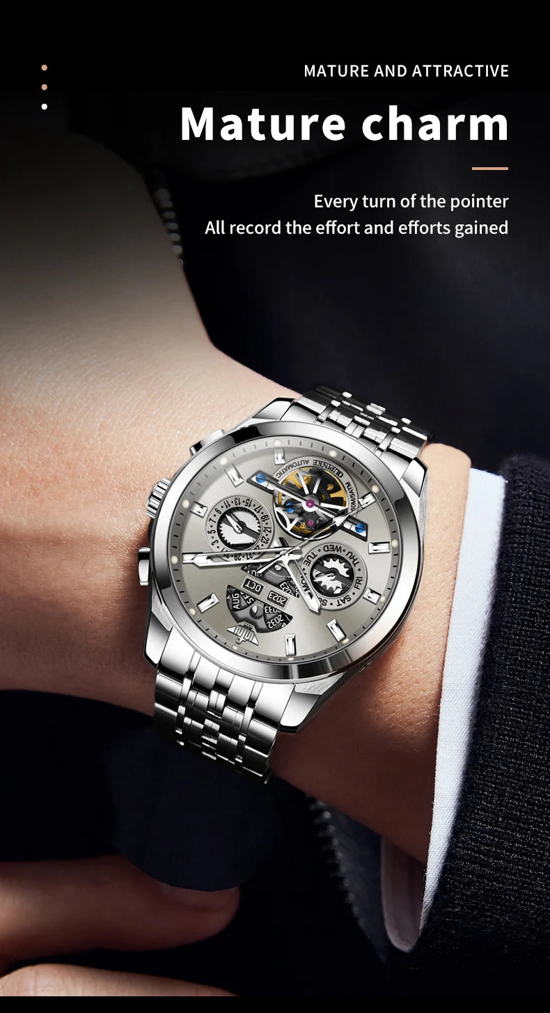 OUPINKE 3251 Original Hollowed Full Automatic Man Watch Stainless Steel Waterproof Anti-Scratch Luxury Men Mechanical Wristclock