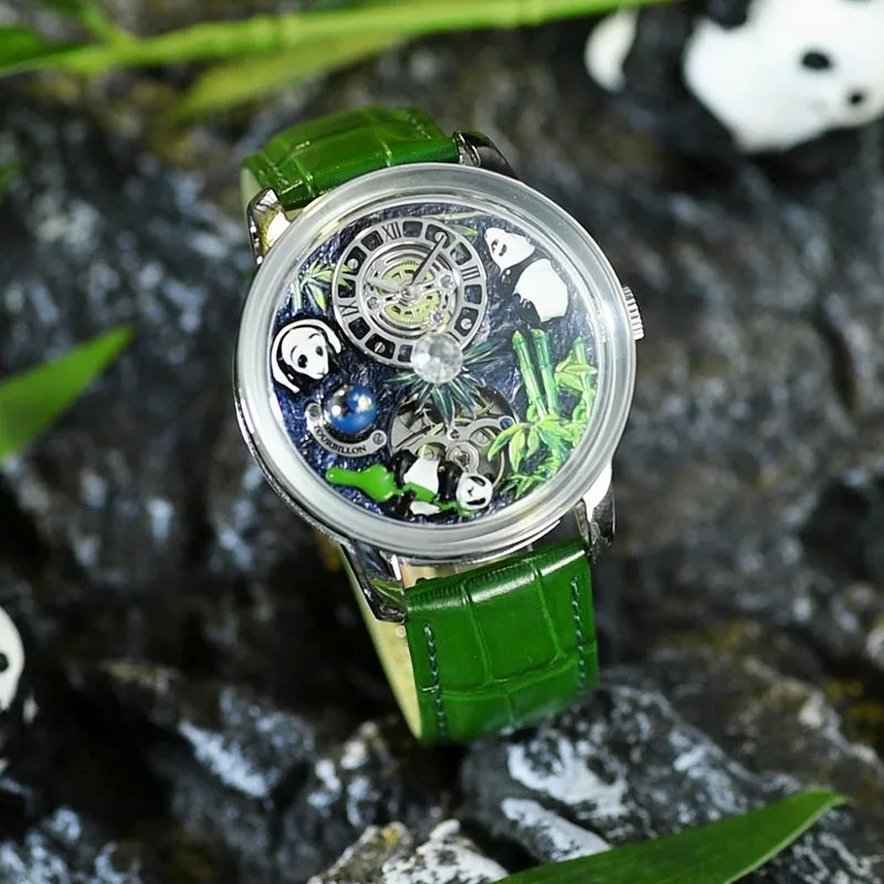 PINDU Design Panda Elements New Watch Mechanical Watch Crystal Blue Planet Theme Three-Dimensional Dial Watches Men Montre Homme