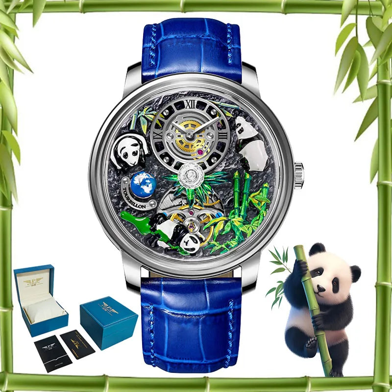 PINDU Design Panda Elements New Watch Mechanical Watch Crystal Blue Planet Theme Three-Dimensional Dial Watches Men Montre Homme