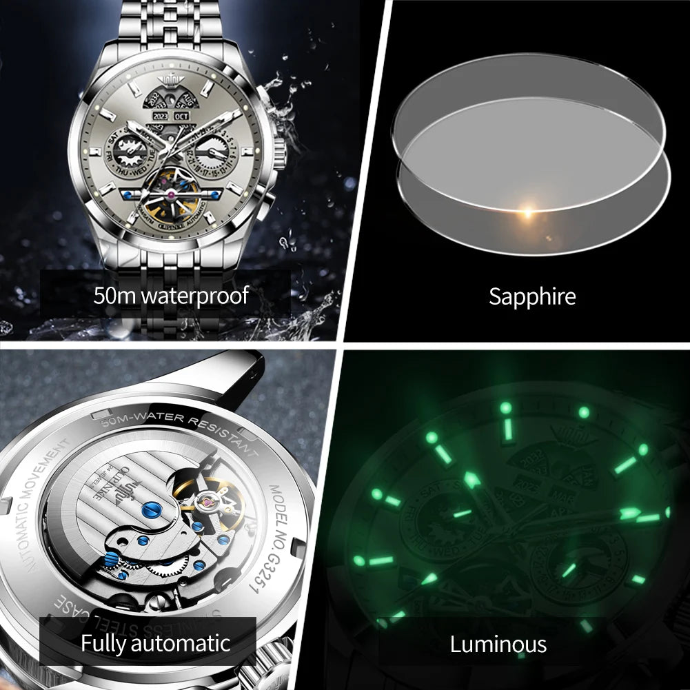 OUPINKE 3251 Original Hollowed Full Automatic Man Watch Stainless Steel Waterproof Anti-Scratch Luxury Men Mechanical Wristclock