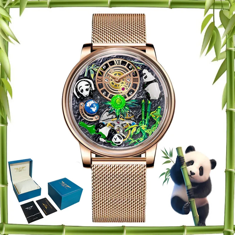 PINDU Design Panda Elements New Watch Mechanical Watch Crystal Blue Planet Theme Three-Dimensional Dial Watches Men Montre Homme