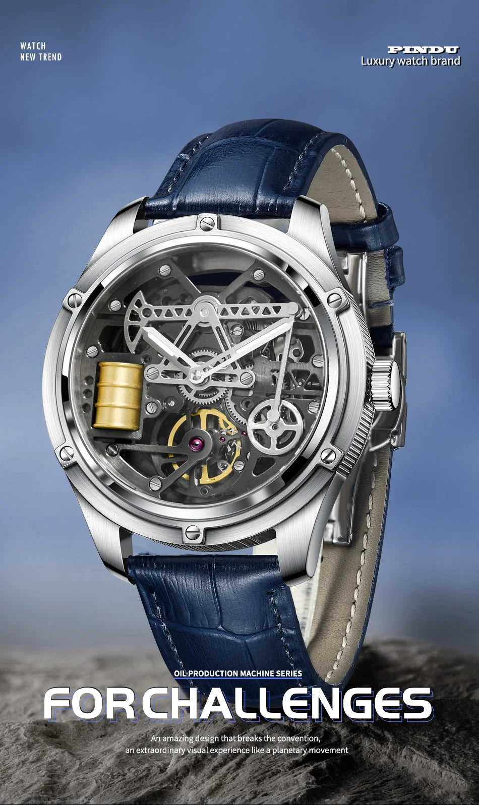 PINDU Design New Oil Well Mechanical Watch Men Miyata 8215 Movement Sapphire Mirror Waterproof Business Mechanical Wristwatches