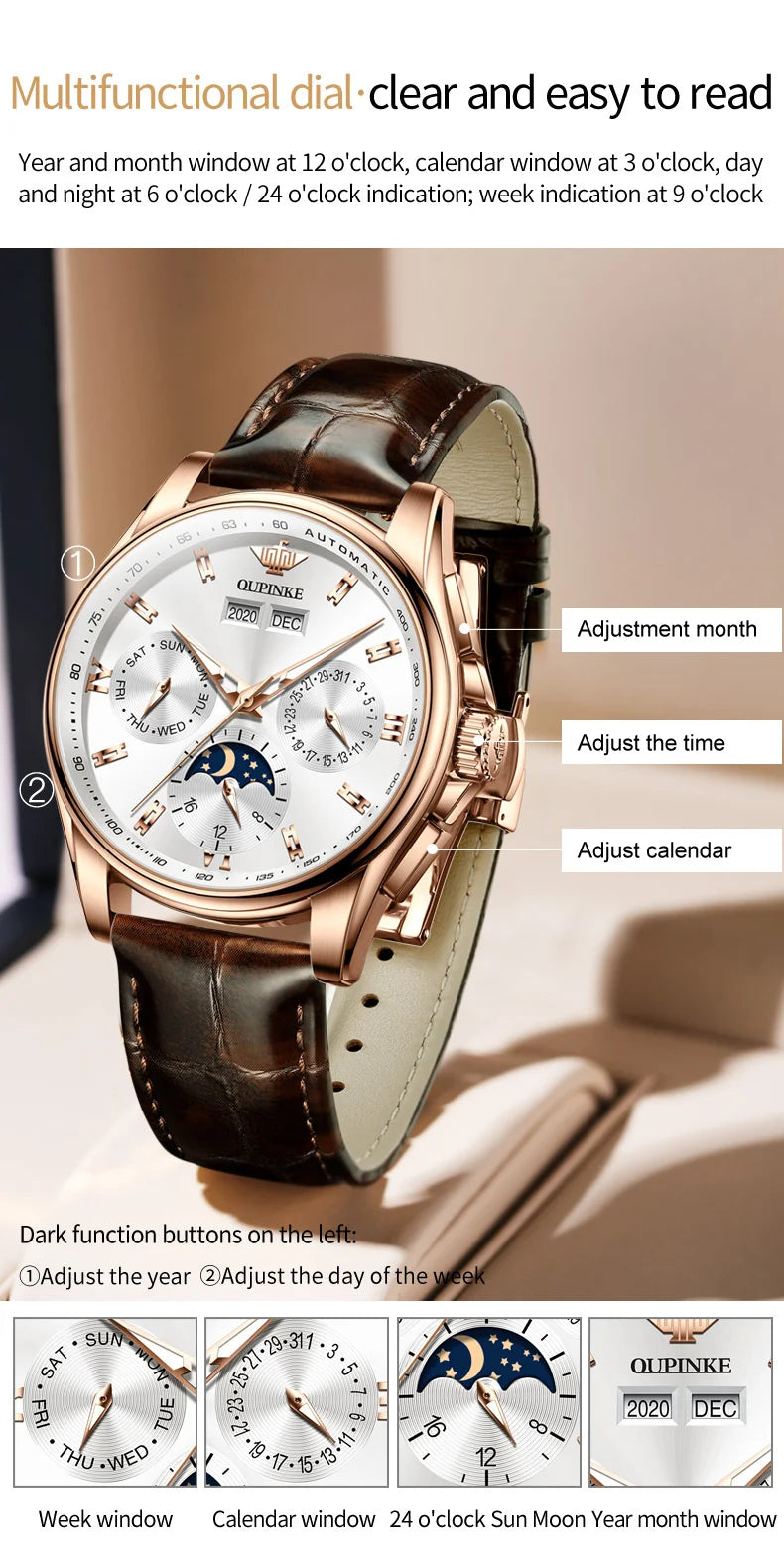OUPINKE 3189 Mens Watch Original Brand Automatic Mechanical Watch Waterproof Luminous Watches Luxury Men Multifunctional Watches