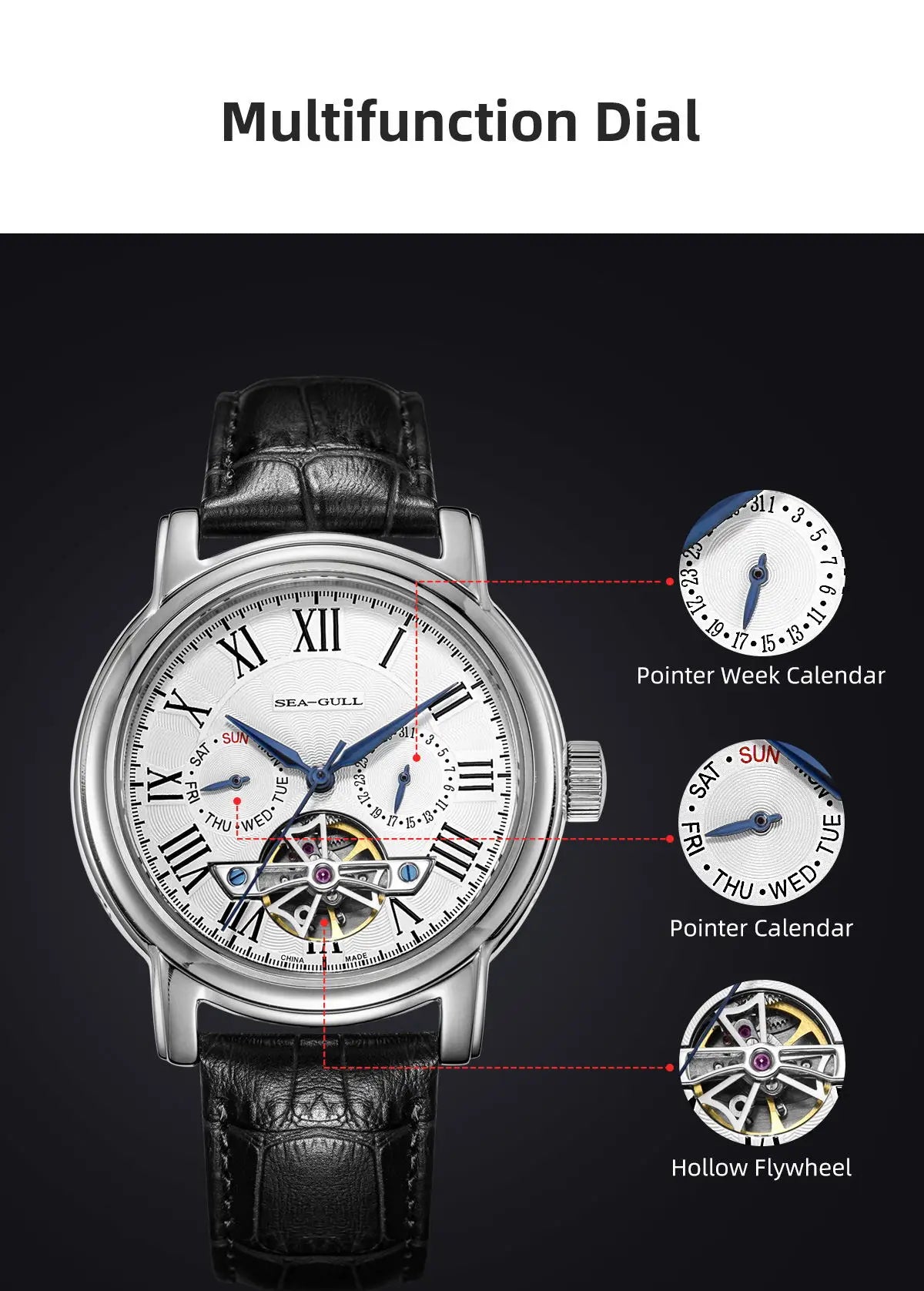 2025 New Seagull Men's Watch Automatic Mechanical Wristwatch Multi-Function Hollow Flywheel Business Simple Watch D819.622