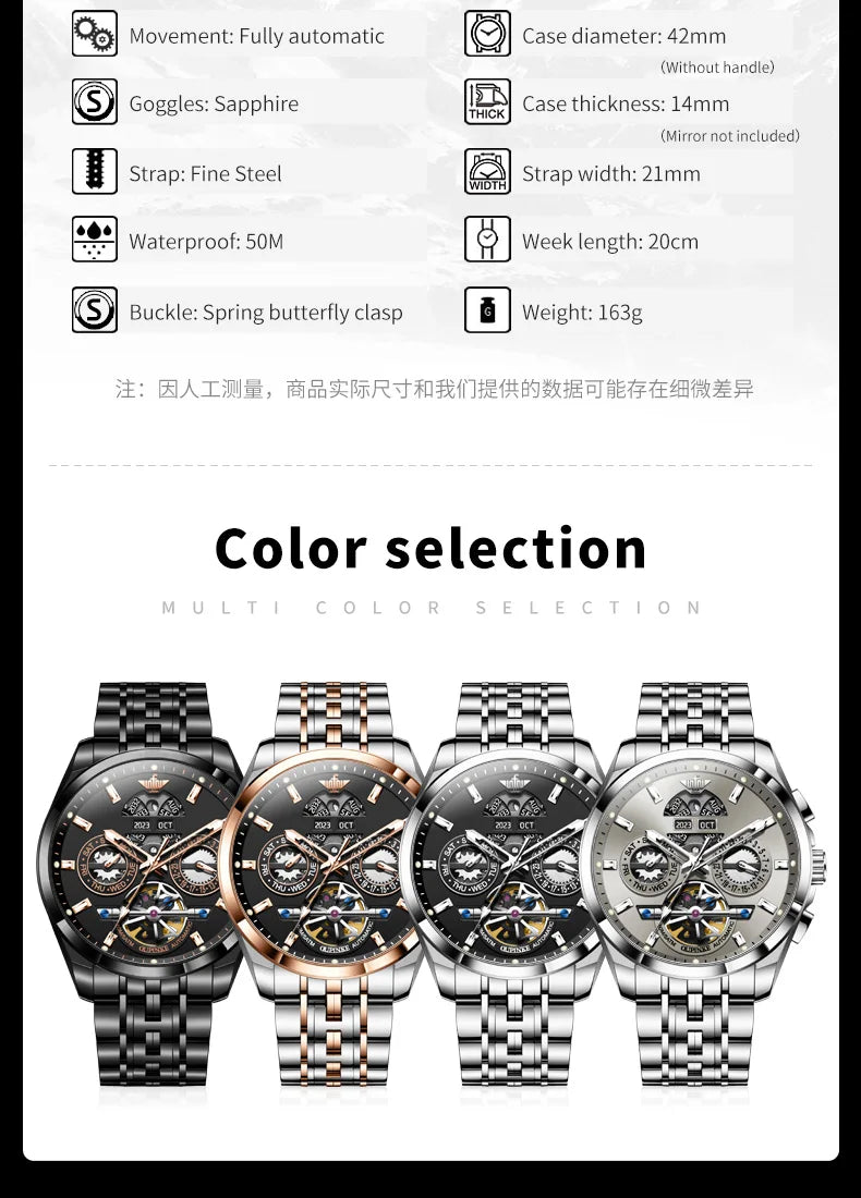 OUPINKE 3251 Original Hollowed Full Automatic Man Watch Stainless Steel Waterproof Anti-Scratch Luxury Men Mechanical Wristclock