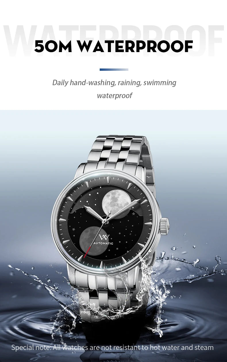 WM Watch Automatic Mechanical Watches Men Lunar Moon Phase Sapphire Waterproof Man Luminous Twin Moons Welly Merck Watch WM142