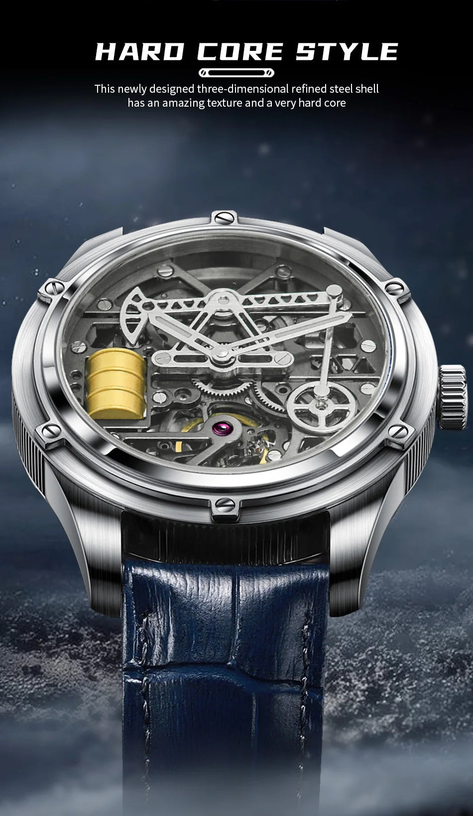 PINDU Design New Oil Well Mechanical Watch Men Miyata 8215 Movement Sapphire Mirror Waterproof Business Mechanical Wristwatches