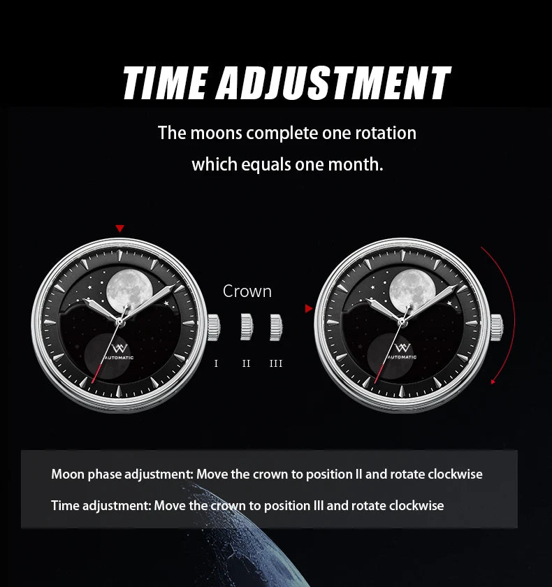 WM Watch Automatic Mechanical Watches Men Lunar Moon Phase Sapphire Waterproof Man Luminous Twin Moons Welly Merck Watch WM142