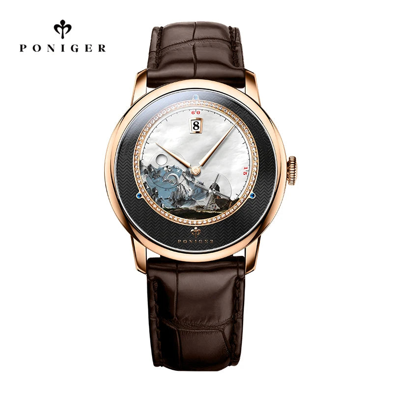 Poniger Men's Automatic Mechanical Watch - Luxury Waterproof Leather Strap Fashion Dress Wristwatch for Males