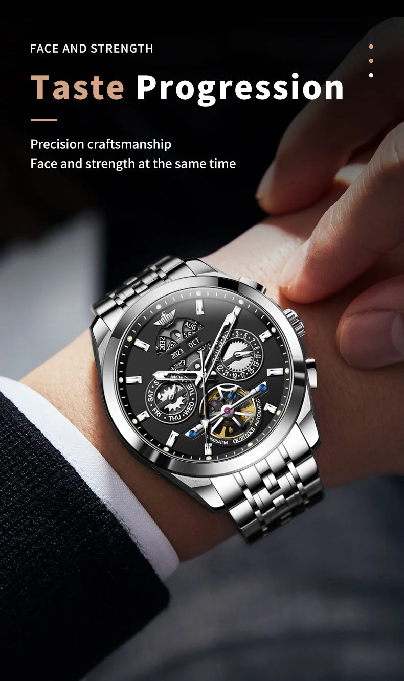 OUPINKE 3251 Original Hollowed Full Automatic Man Watch Stainless Steel Waterproof Anti-Scratch Luxury Men Mechanical Wristclock