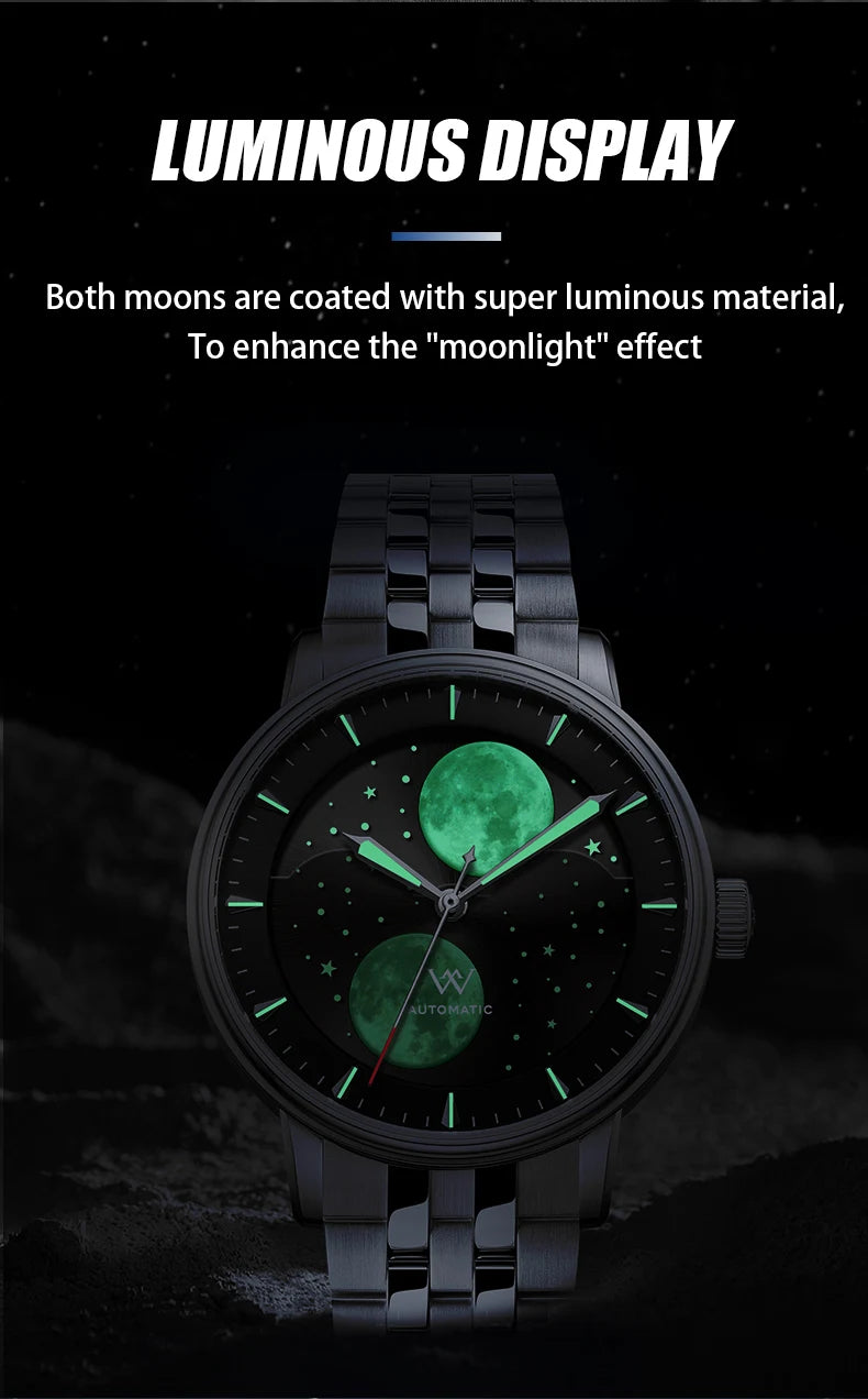 WM Watch Automatic Mechanical Watches Men Lunar Moon Phase Sapphire Waterproof Man Luminous Twin Moons Welly Merck Watch WM142