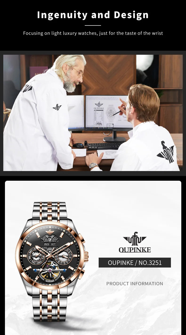 OUPINKE 3251 Original Hollowed Full Automatic Man Watch Stainless Steel Waterproof Anti-Scratch Luxury Men Mechanical Wristclock
