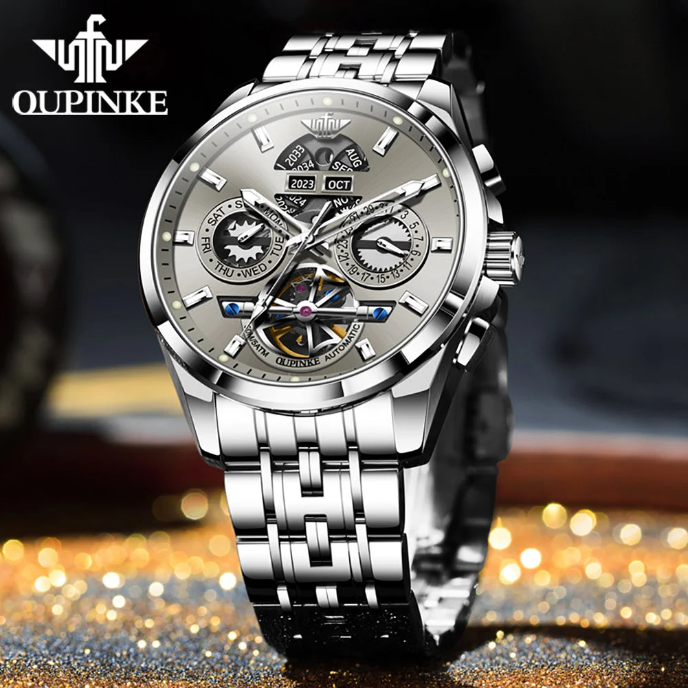 OUPINKE 3251 Original Hollowed Full Automatic Man Watch Stainless Steel Waterproof Anti-Scratch Luxury Men Mechanical Wristclock