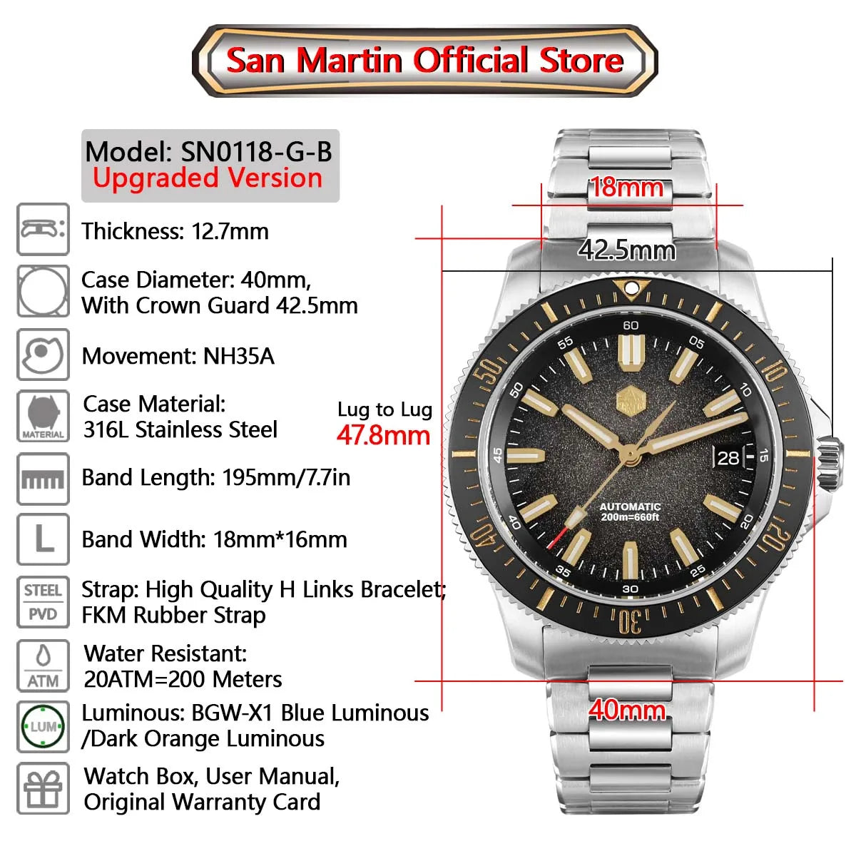 San Martin 2025 New Upgraded Version 40mm Dive Watch Men Original Design NH35 Automatic Mechanical Waterproof 200m SN0118