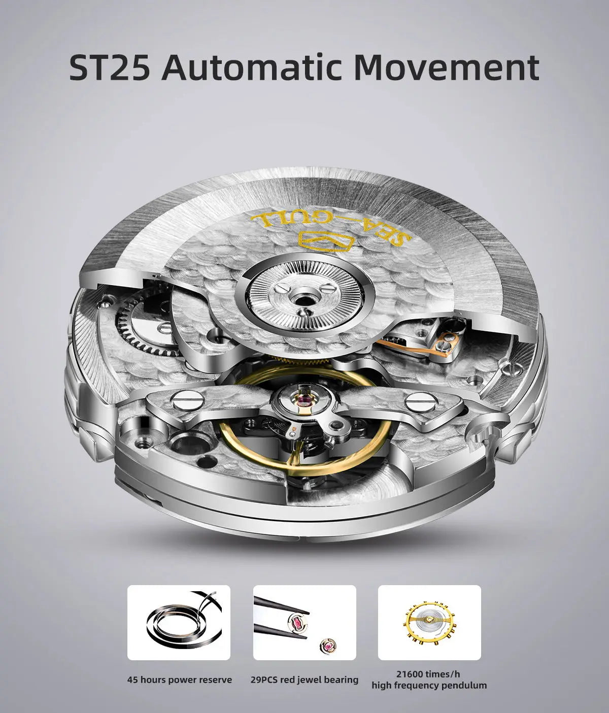 2025 New Seagull Men's Watch Automatic Mechanical Wristwatch Multi-Function Hollow Flywheel Business Simple Watch D819.622