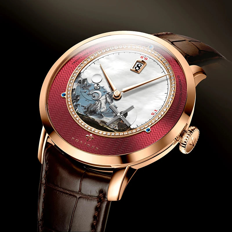 Poniger Men's Automatic Mechanical Watch - Luxury Waterproof Leather Strap Fashion Dress Wristwatch for Males