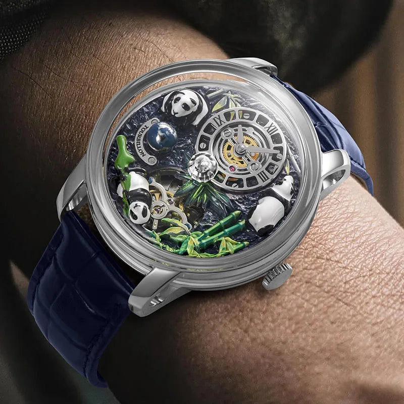 PINDU Design Panda Elements New Watch Mechanical Watch Crystal Blue Planet Theme Three-Dimensional Dial Watches Men Montre Homme