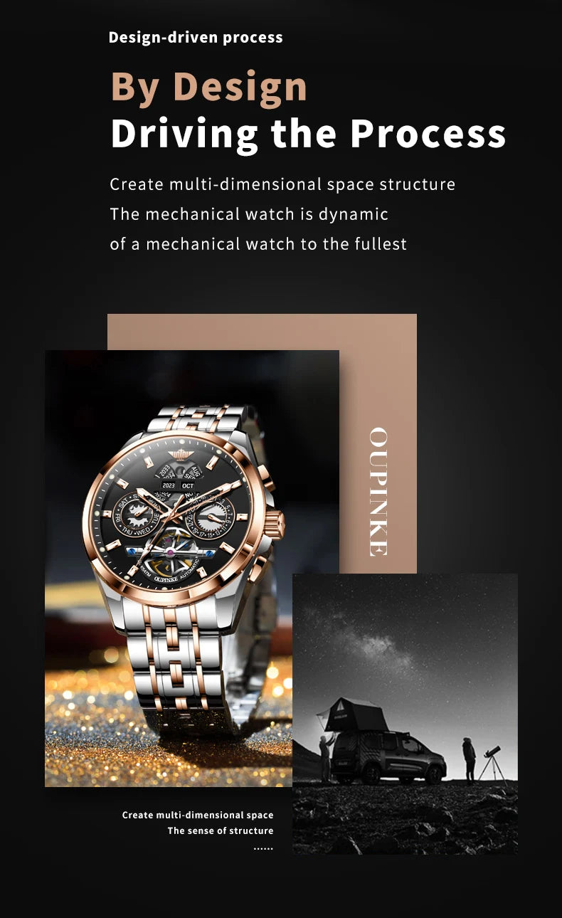 OUPINKE 3251 Original Hollowed Full Automatic Man Watch Stainless Steel Waterproof Anti-Scratch Luxury Men Mechanical Wristclock