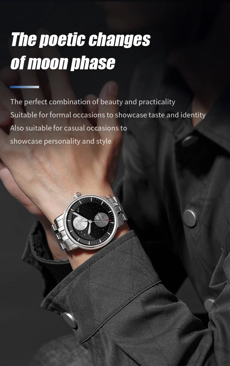 WM Watch Automatic Mechanical Watches Men Lunar Moon Phase Sapphire Waterproof Man Luminous Twin Moons Welly Merck Watch WM142