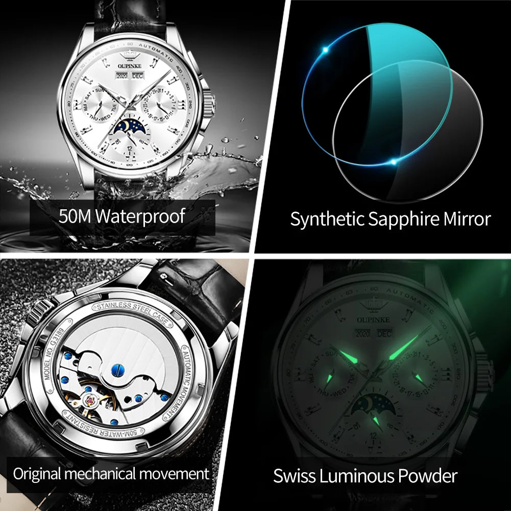 OUPINKE 3189 Mens Watch Original Brand Automatic Mechanical Watch Waterproof Luminous Watches Luxury Men Multifunctional Watches