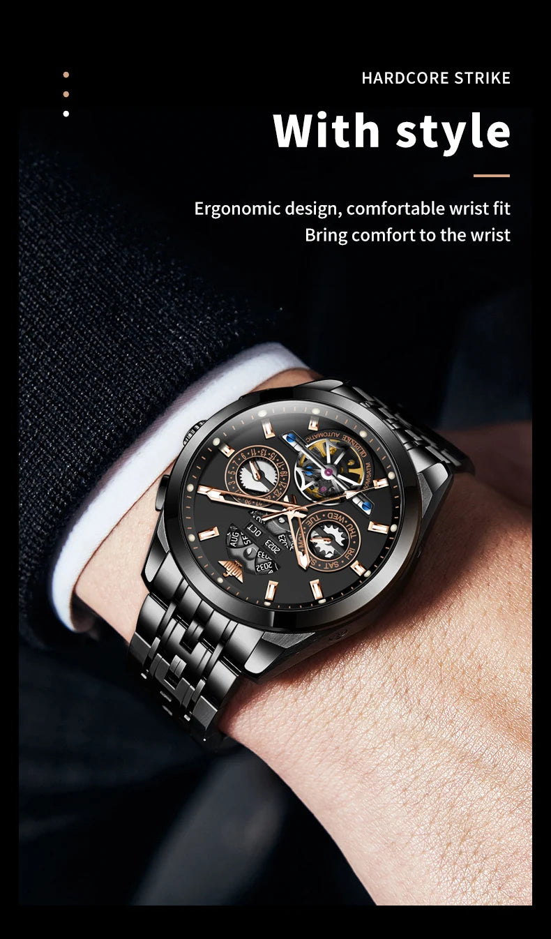 OUPINKE 3251 Original Hollowed Full Automatic Man Watch Stainless Steel Waterproof Anti-Scratch Luxury Men Mechanical Wristclock