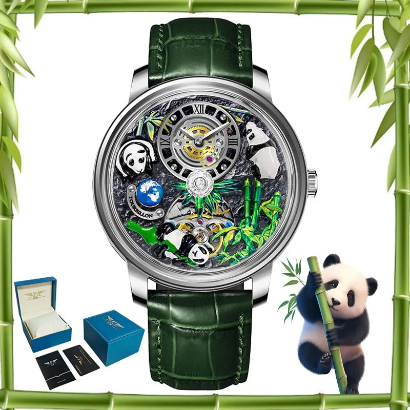 PINDU Design Panda Elements New Watch Mechanical Watch Crystal Blue Planet Theme Three-Dimensional Dial Watches Men Montre Homme