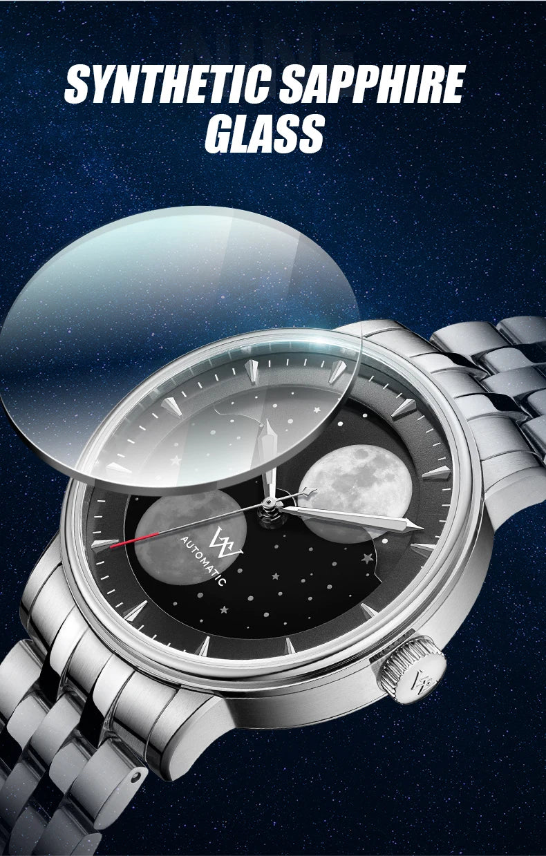 WM Watch Automatic Mechanical Watches Men Lunar Moon Phase Sapphire Waterproof Man Luminous Twin Moons Welly Merck Watch WM142