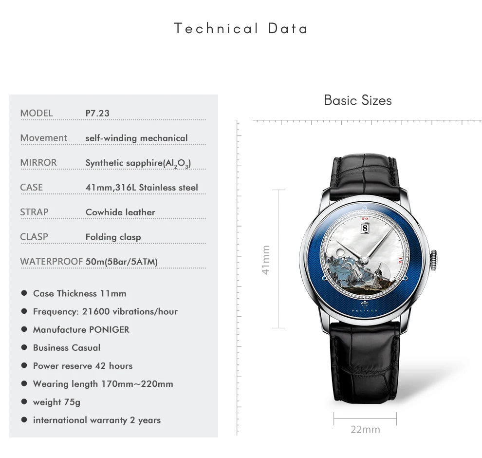 Poniger Men's Automatic Mechanical Watch - Luxury Waterproof Leather Strap Fashion Dress Wristwatch for Males