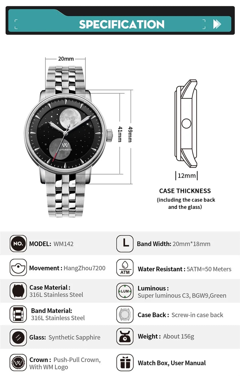 WM Watch Automatic Mechanical Watches Men Lunar Moon Phase Sapphire Waterproof Man Luminous Twin Moons Welly Merck Watch WM142