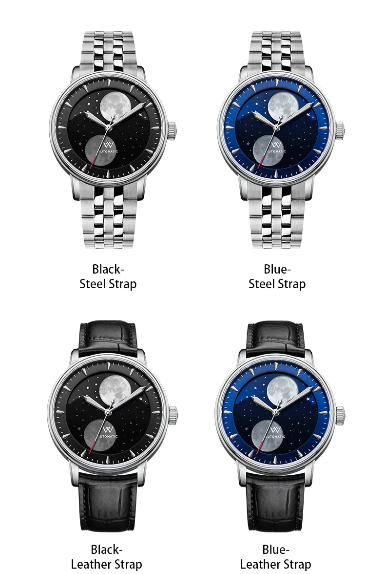 WM Watch Automatic Mechanical Watches Men Lunar Moon Phase Sapphire Waterproof Man Luminous Twin Moons Welly Merck Watch WM142