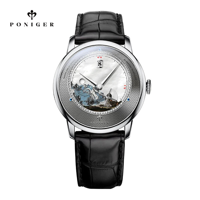 Poniger Men's Automatic Mechanical Watch - Luxury Waterproof Leather Strap Fashion Dress Wristwatch for Males