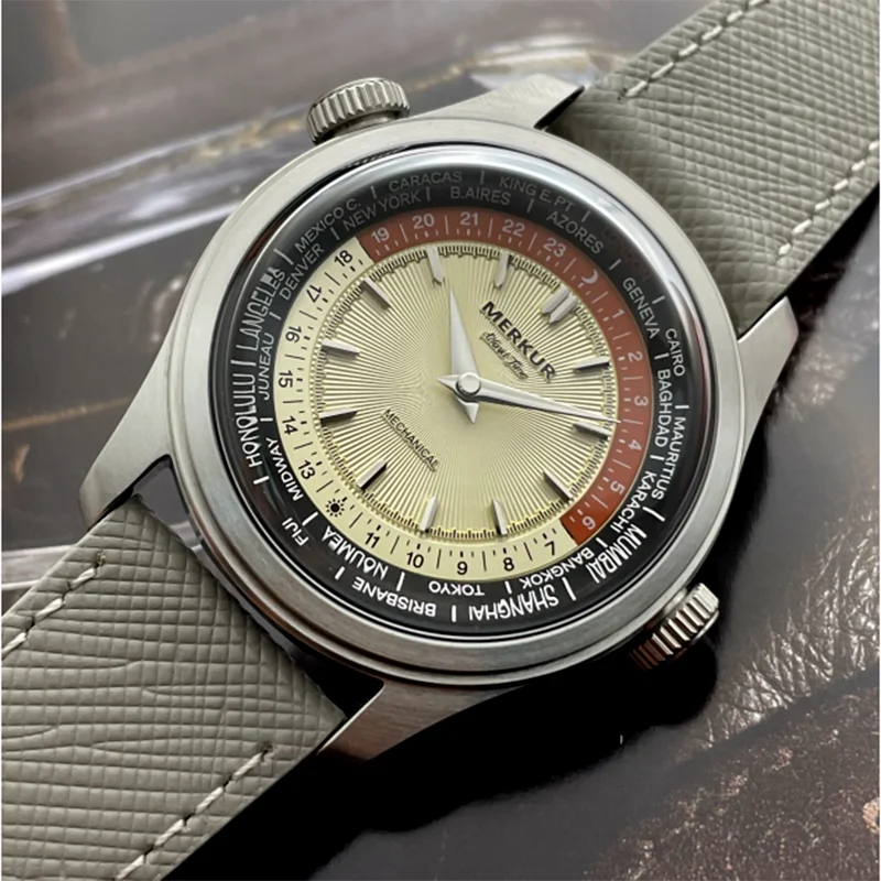 2025 NEW Merkur Dual Crown Calendar Week Watch Retro Manual Mechanical Watches for Men Watch Vintage 38mm Reloj Hombre White