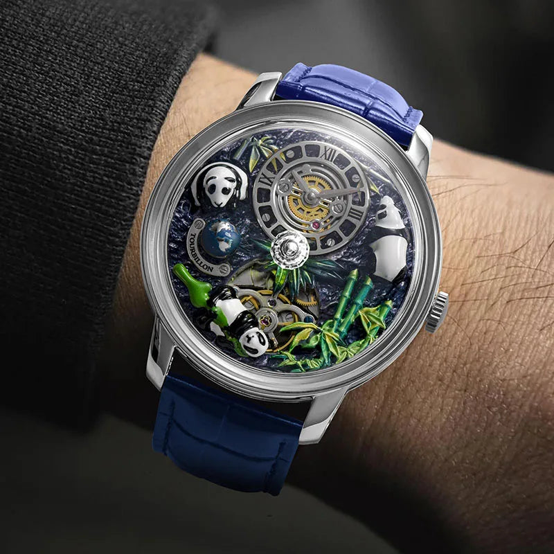 PINDU Design Panda Elements New Watch Mechanical Watch Crystal Blue Planet Theme Three-Dimensional Dial Watches Men Montre Homme