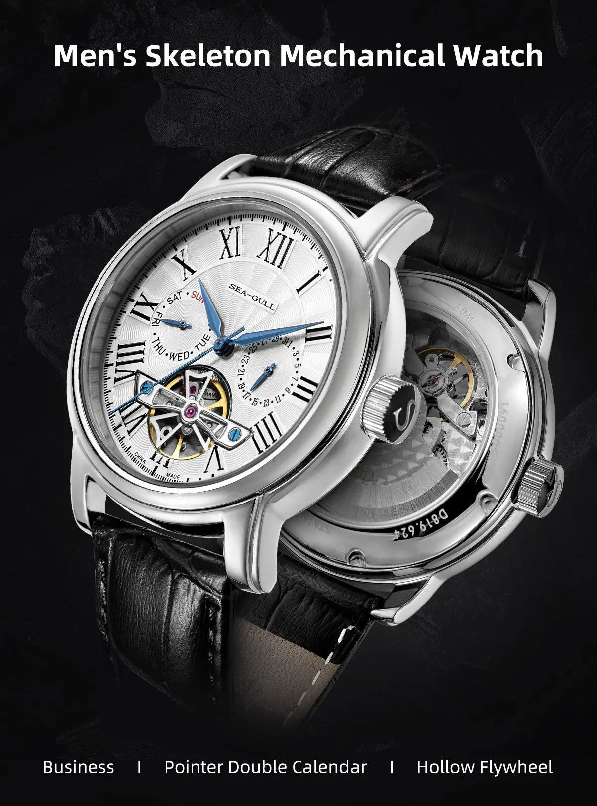 2025 New Seagull Men's Watch Automatic Mechanical Wristwatch Multi-Function Hollow Flywheel Business Simple Watch D819.622